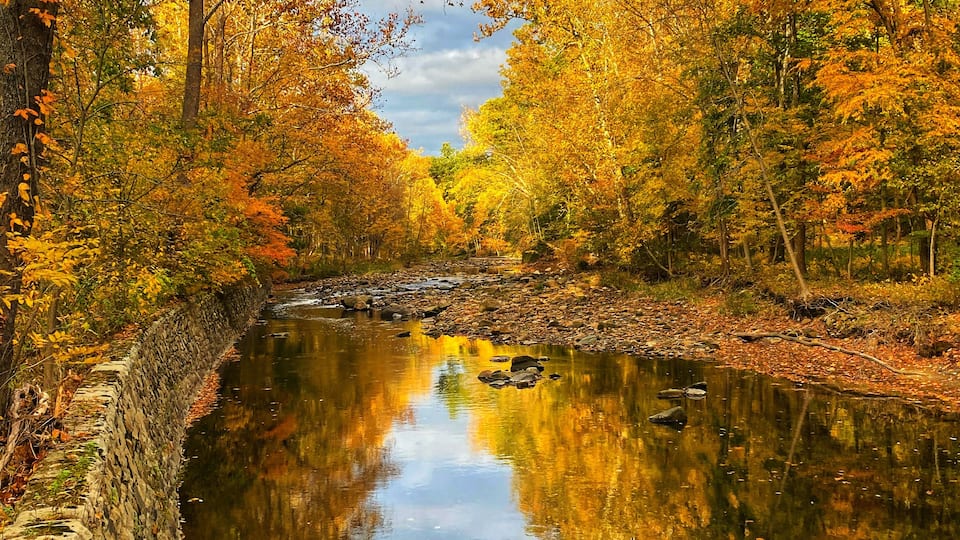 A river reflecting autumn trees, a stone wall, and a clear sky.