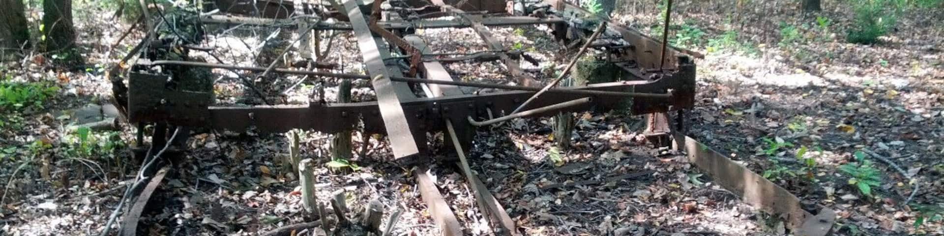 Before becoming Possum Creek MetroPark, this land was an outdoor recreation area called Argonne Forest, operating from the 1920's to the 1940's. Here are the remains of a streetcar. Null Hodapp, the owner of Argonne Forest Park bought four streetcars from the city of Dayton. He converted one into a concession stand near the pool. Others were used as primitive camping cabins that were rented for $12.00 a month.