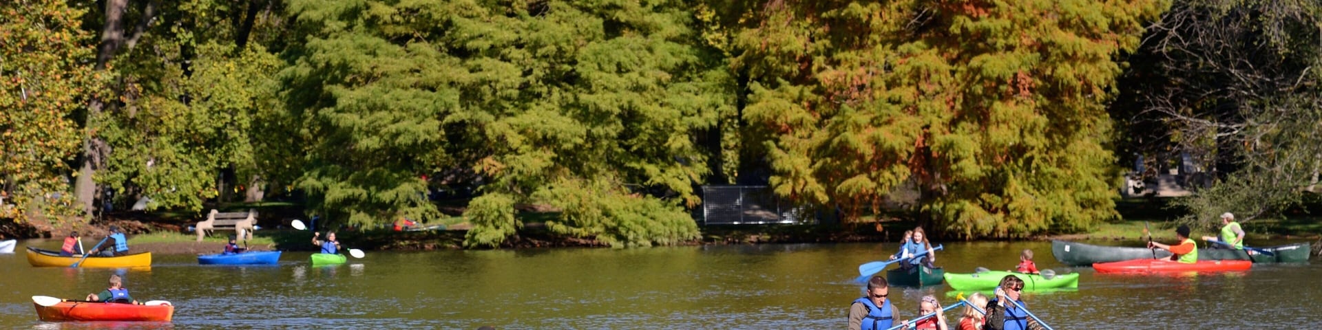 A group of people kayaking on a calm lake surrounded by dense trees.