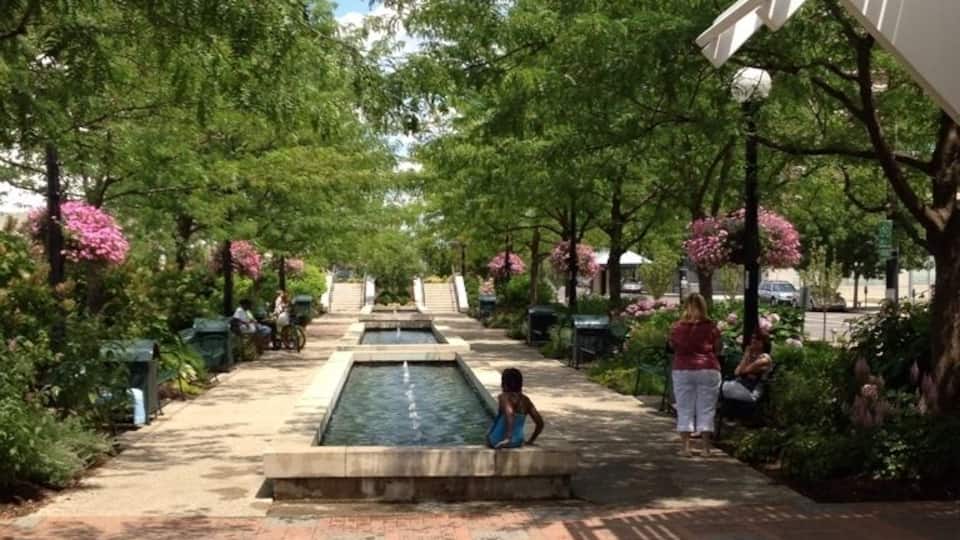 Walkway through metroscape.
