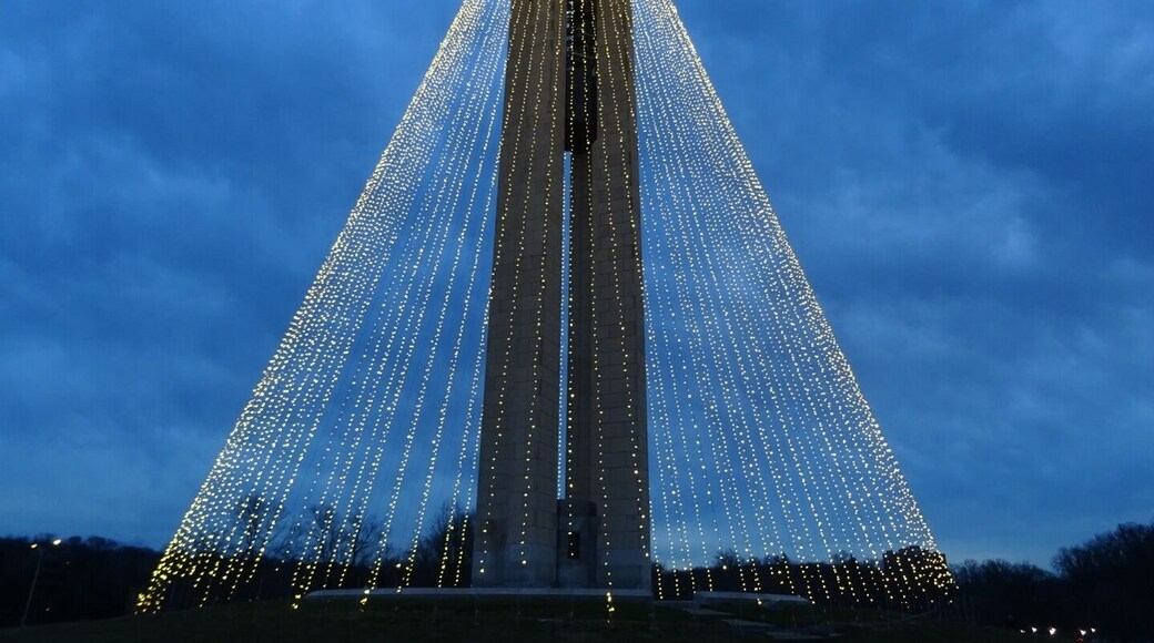 The Deeds Carillon illuminated for the holidays. An awesome spectacle and an awesomely short-lived road side attraction!
The Deeds Carillon, the largest carillon in Ohio had been transformed into the shape of a holiday tree towering 200 feet in the air and glowing with 20,000 white lights.
The plan was for the Carillon Tree of Light to be turned on nightly through New Year’s Day and be accompanied by the bells playing a medley of holiday classics on the hour.
I went on Sunday night and stood in wonderment of the melodic bells and the strands of light enhancing the already majestic silhouette of the carillon.
Overnight, wind gusts in excess of 40 or even 50 miles per hour damaged many of the strands of light. By morning, the damage was such that the display was beyond repair and will now be taken down for the year.
Quite a whirlwind tale for the inaugural lighting of the the Deeds Carillon.
