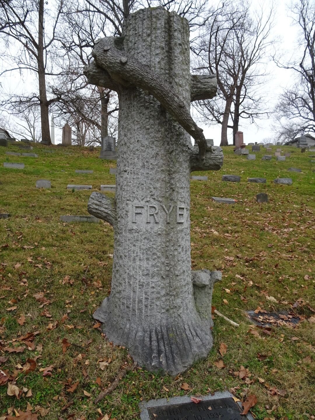 Large tree of life monument for John W. Frye, a grinder for South Park Tool Co. 

With incredible monuments of stone and bronze, historical burial sites and nine state champions trees, Woodland Cemetery and Arboretum in Dayton, Ohio, is one of the oldest "garden" cemeteries in the United States. 

Incorporated in 1842, the cemetery began with 40 acres southeast of Dayton and has been enlarged to its present size of 200 acres.
