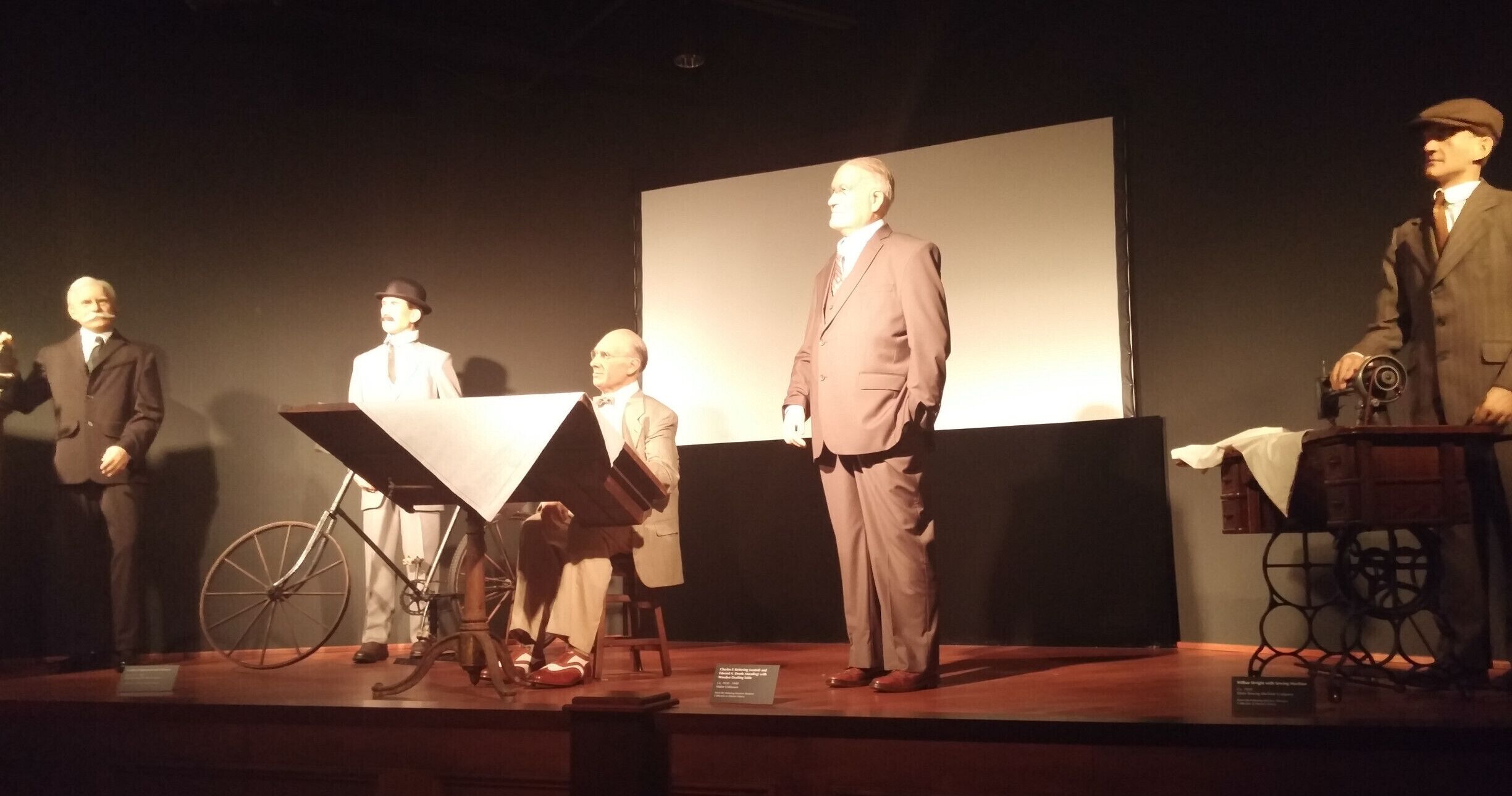 Welcome to animatronic anachronism theater at Carillon Historical Park!

Famous faces in Dayton history including John H. Patterson, Charles Kettering, Edward A. Deeds and Orville and Wilbur Wright take the audience through a 4-D telling of Dayton's influence on invention and technology.

There's audio, video, lightning, wind, rain and plenty of Dad jokes for everyone!