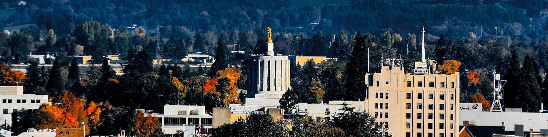 A cityscape with a prominent mountain in the background.