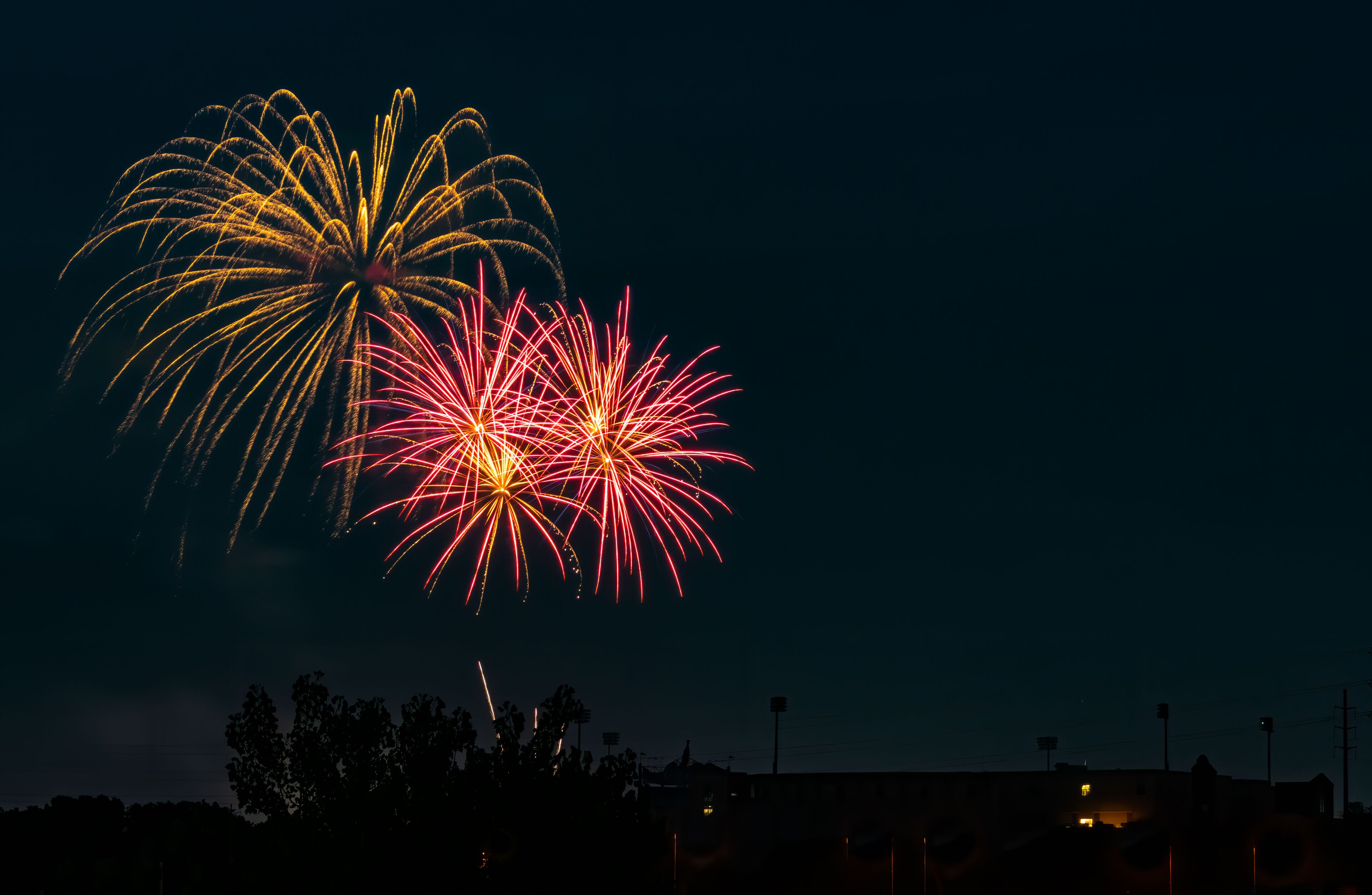 Fireworks in the sky over a cityscape at night.