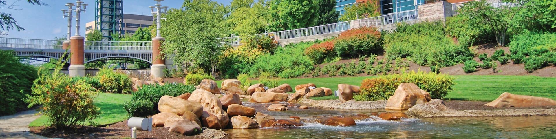 Knoxville showing a garden, modern architecture and a pond