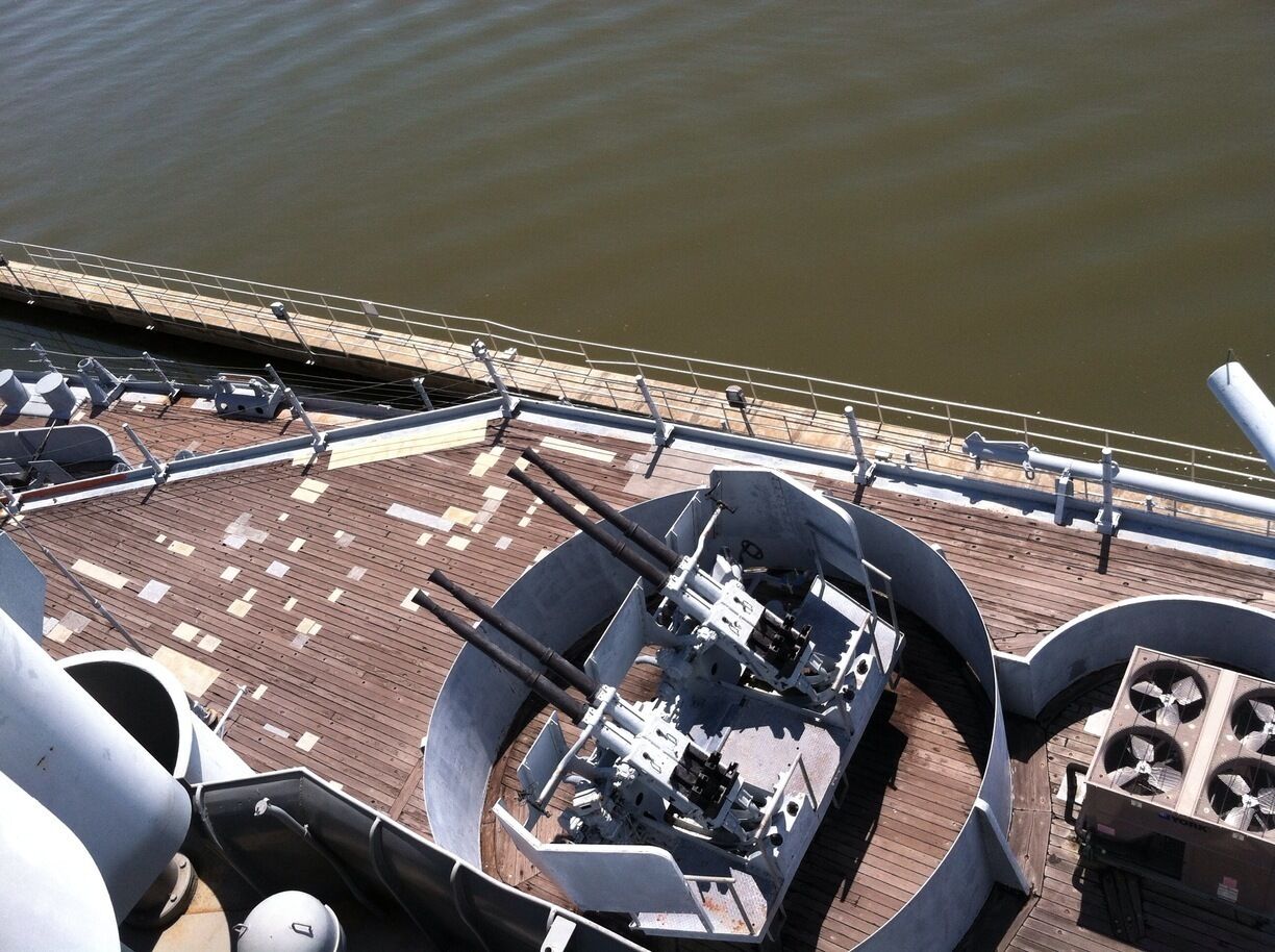 Looking down at some of the guns on the USS Alabama 