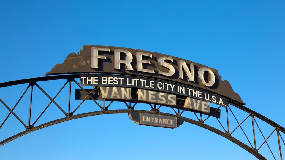 A vintage sign for Fresno, stating "The Best Little City in the U.S.A. on Van Ness Ave."