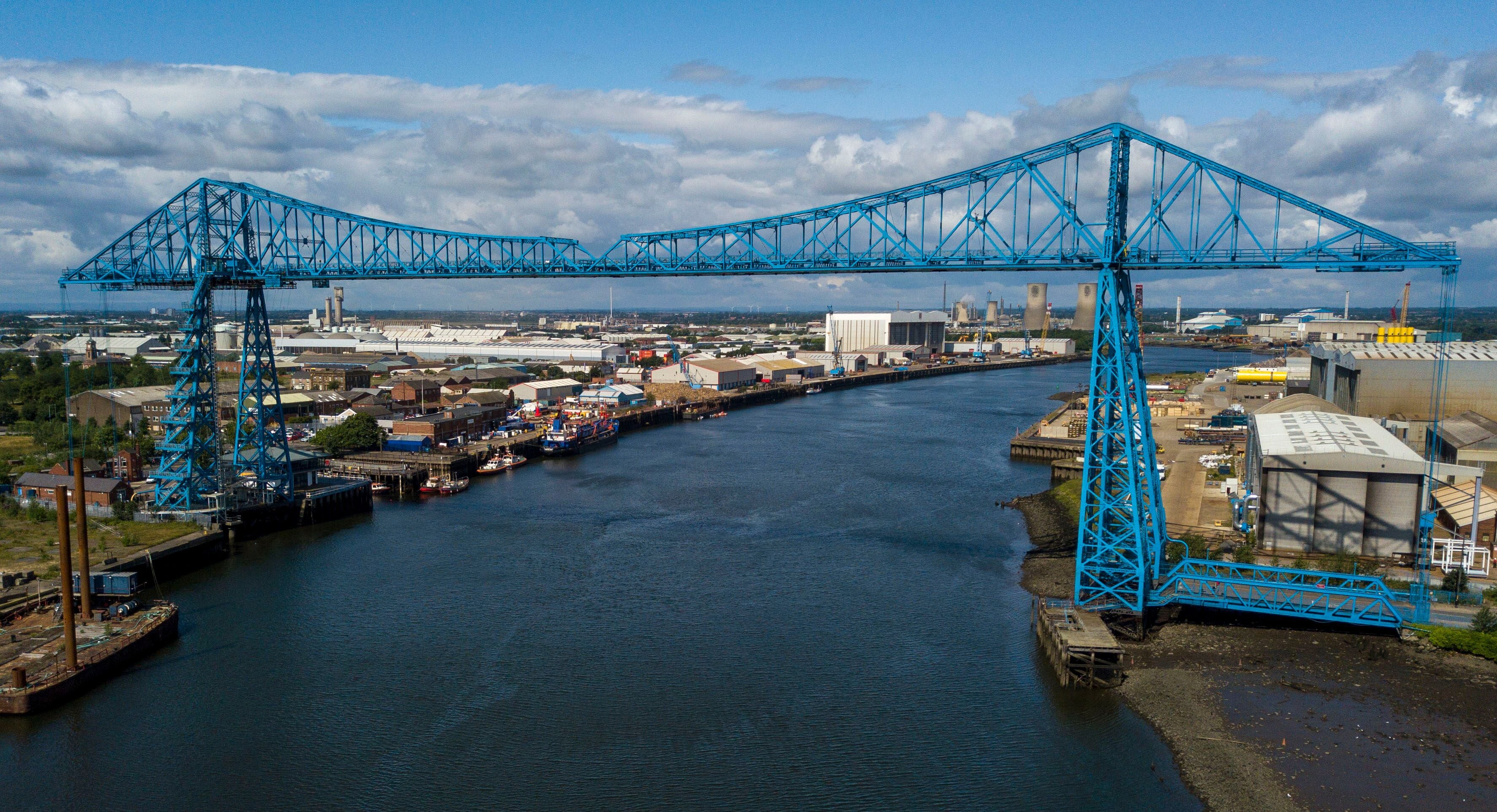 The Tees Transporter Bridge that crosses the river Tees between stockton and Middlesbrough. The bridge is made of steel and over 100 years old