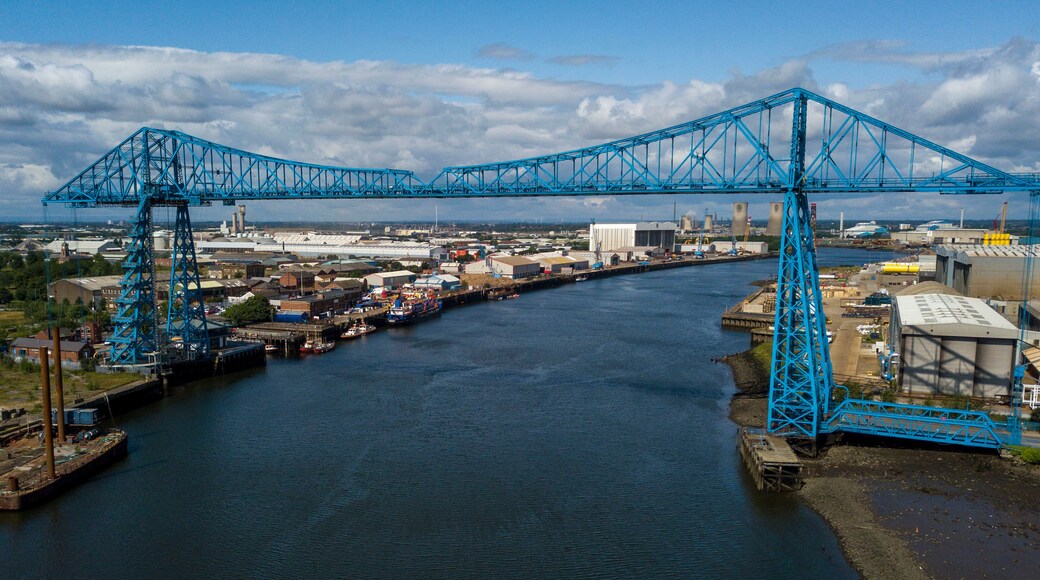 The Tees Transporter Bridge that crosses the river Tees between stockton and Middlesbrough. The bridge is made of steel and over 100 years old