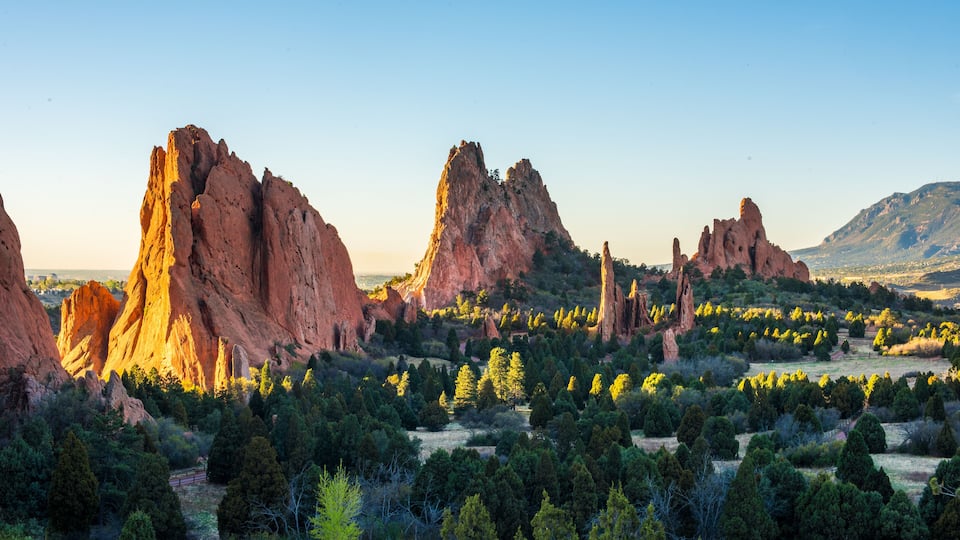 A landscape with prominent red rock formations and dense green trees.