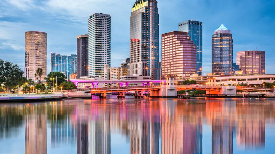A city skyline with tall buildings and a bridge over a calm body of water.
