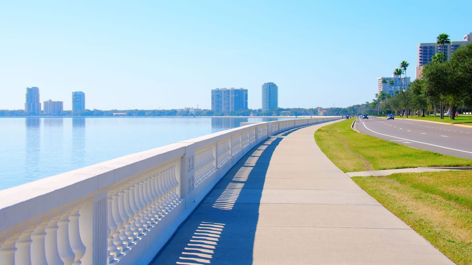 A waterfront promenade with a white balustrade, a blue pathway, a road with vehicles, and buildings in the background.