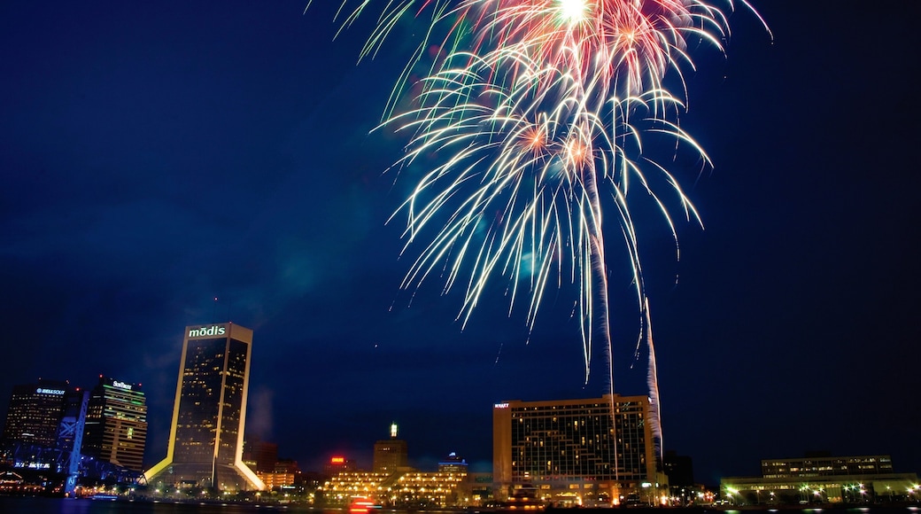 Jacksonville showing night scenes, skyline and a city