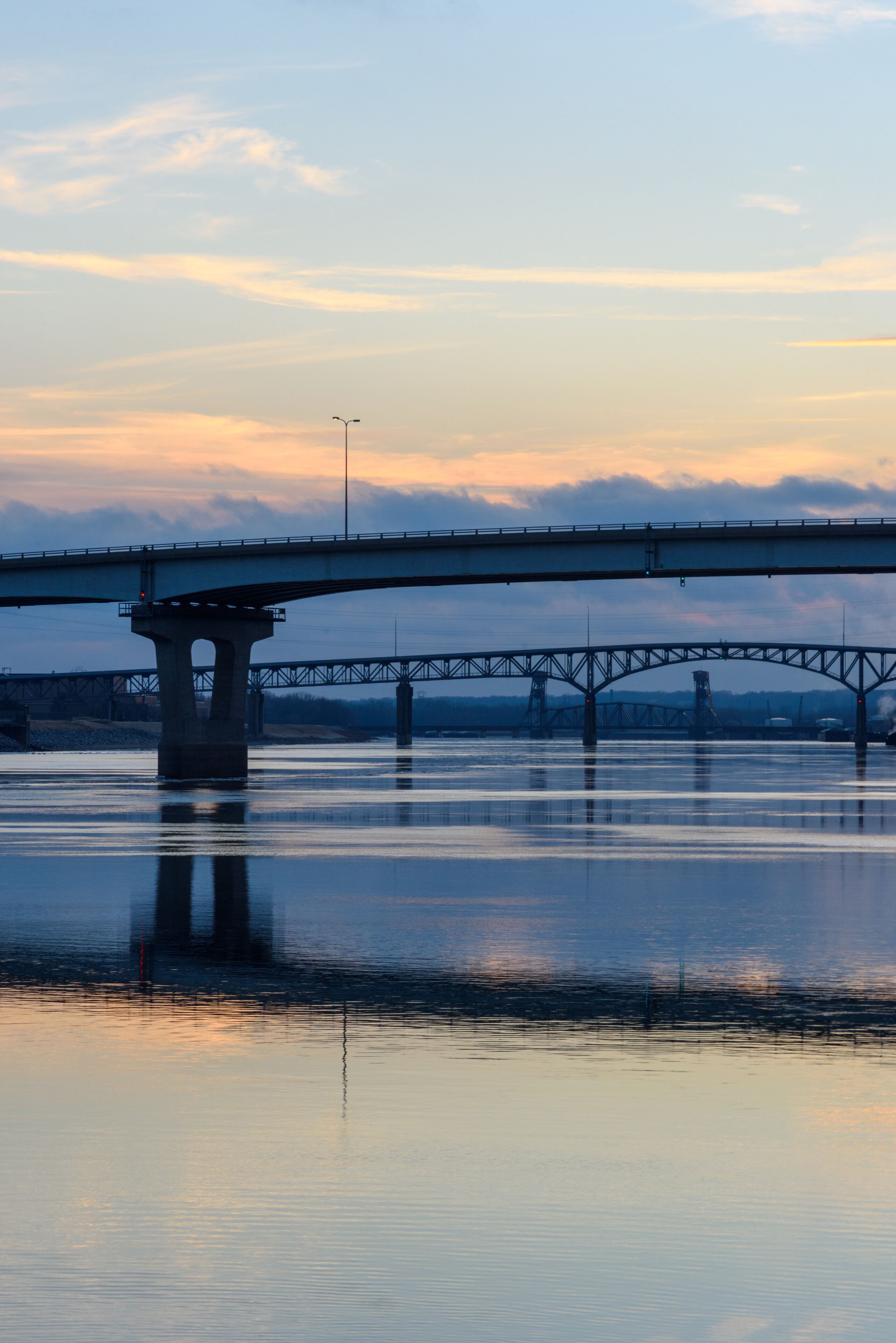 Bridges over Illinois River in Peoria, Illinois at sunset
