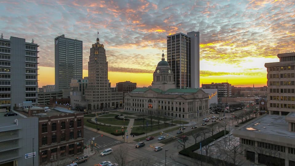 Downtown with sunset in background