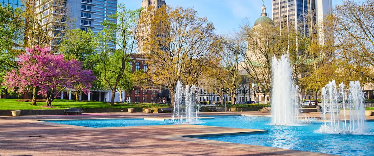 A city park with a fountain, a pond, and buildings in the background.