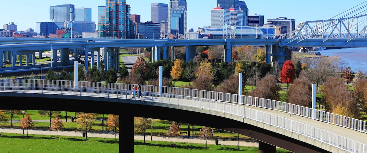 A city skyline with modern buildings, a bridge, and a park with autumn trees.
