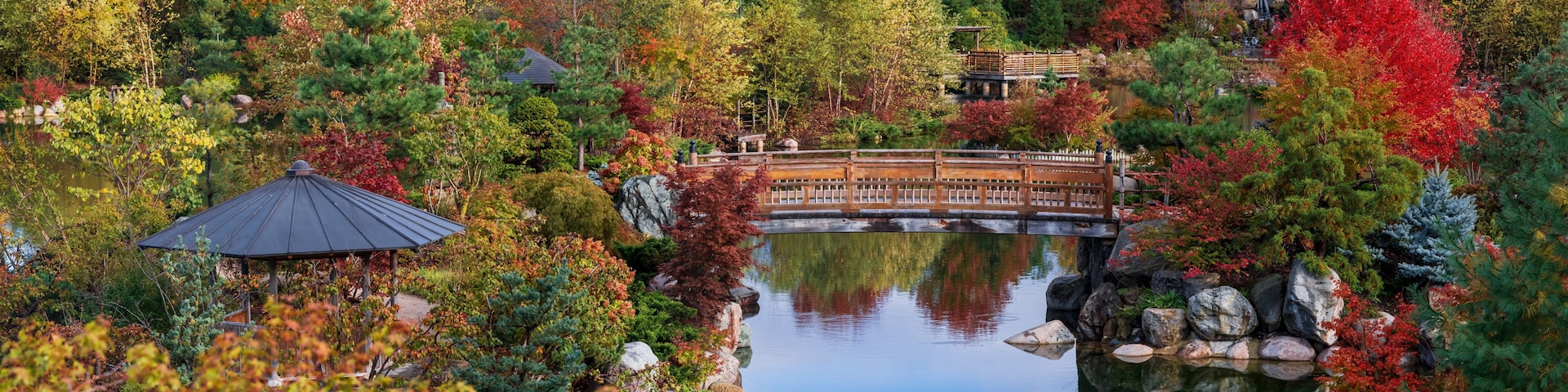 A serene pond surrounded by autumn foliage, a wooden bridge, and a traditional gazebo.