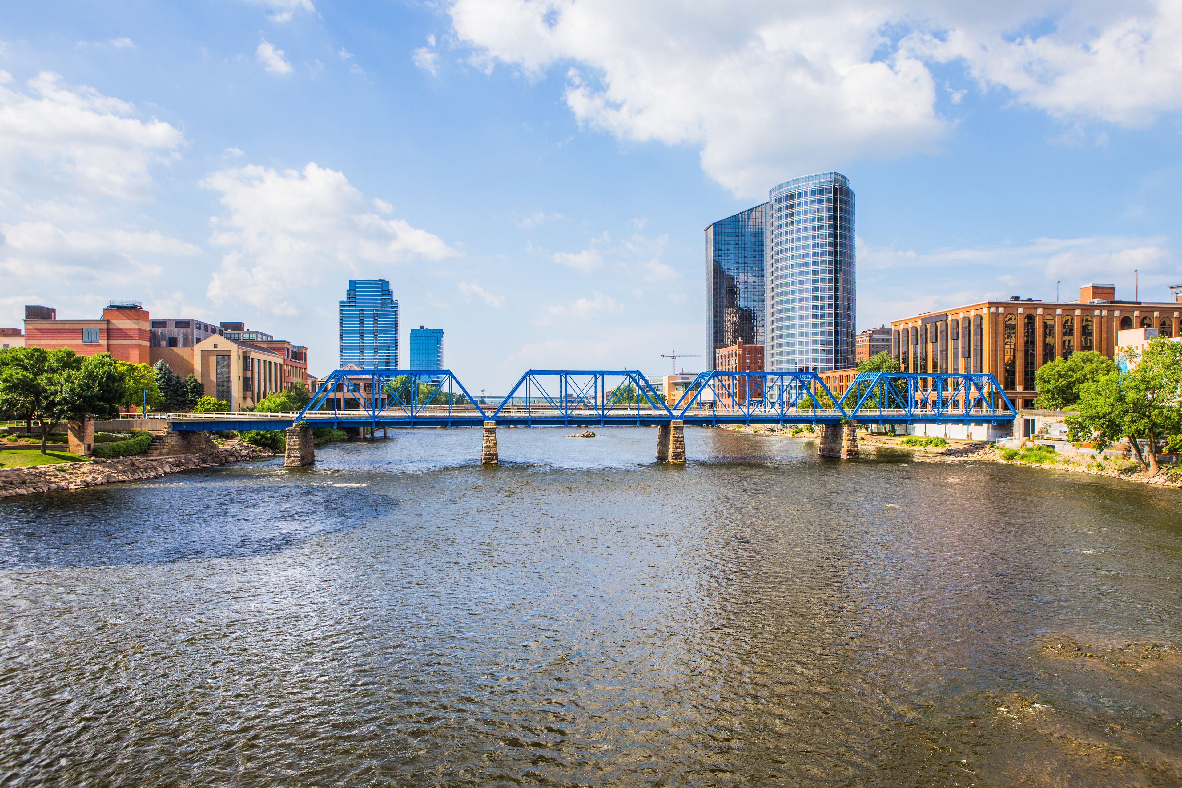 Downtown Grand Rapids Michigan view from the Grand River; Shutterstock ID 1150797215; purchase_order: SP-2650; Order: Michigan Spotlight Article + Listicle pages; client: Katerina Thomas