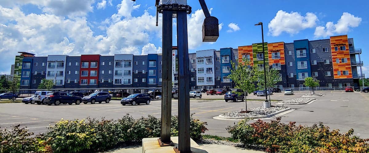 The structural steel statue “The Worker” can be found at Cedar and Shiawassee streets in Lansing. 
The 22-foot-tall, 2,000-pound sculpture created by Rick Luke, is currently sporting a Lansing Lugnuts minor league baseball jersey.
@TheWorker517