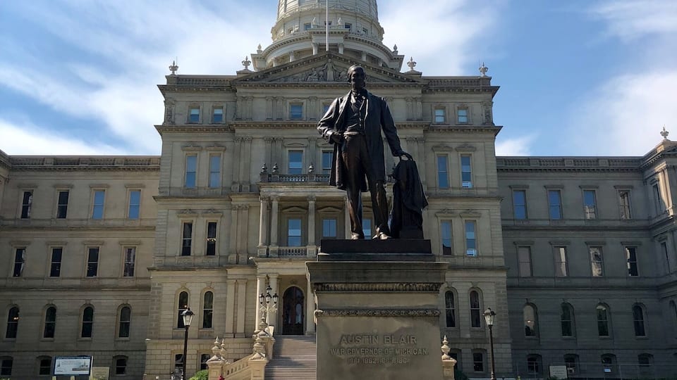 This is Michigan’s third state Capitol and it was dedicated on January 1, 1879. It was one of the first Capitol buildings constructed after the Civil War as well as one of the first to mirror the US Capitol building in style. The statue is of Governor Blair who was Michigan’s Civil War Governor.