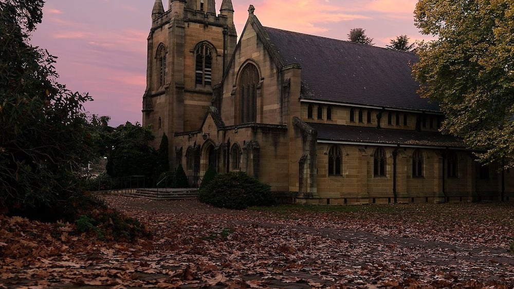 A church with a tall spire and arched windows, surrounded by fallen leaves.