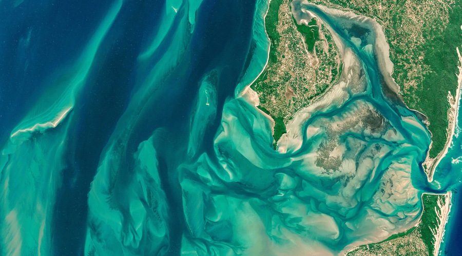 Satellite view of the coast of Mozambique aerial view of Inhaca Island, Mozambique, ocean and pristine islands. Africa. Element of this image is furnished by Nasa