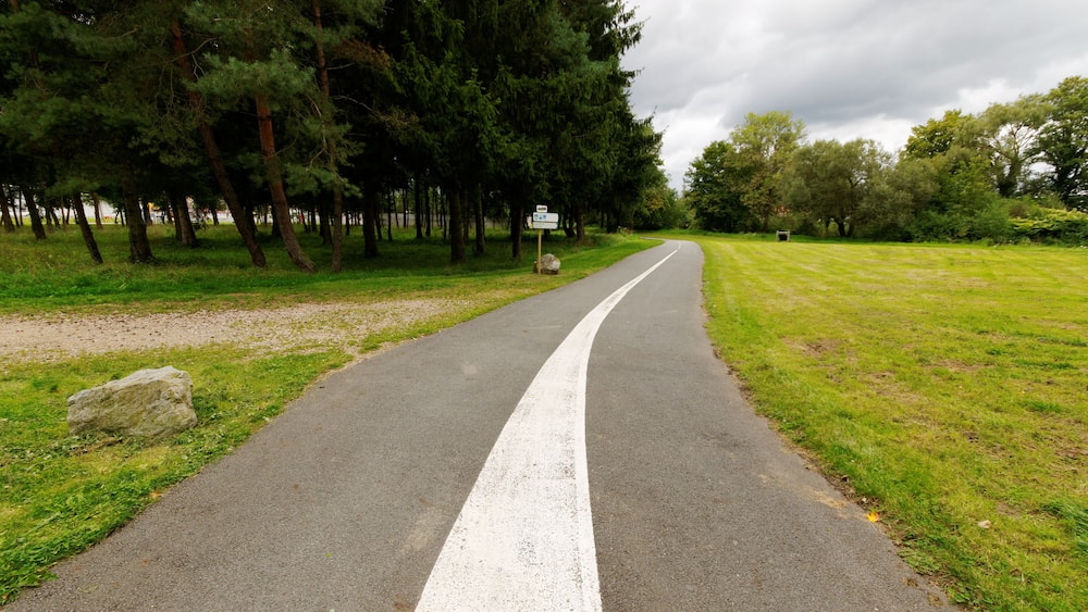 A paved road with a white line down the center, surrounded by trees and grass.