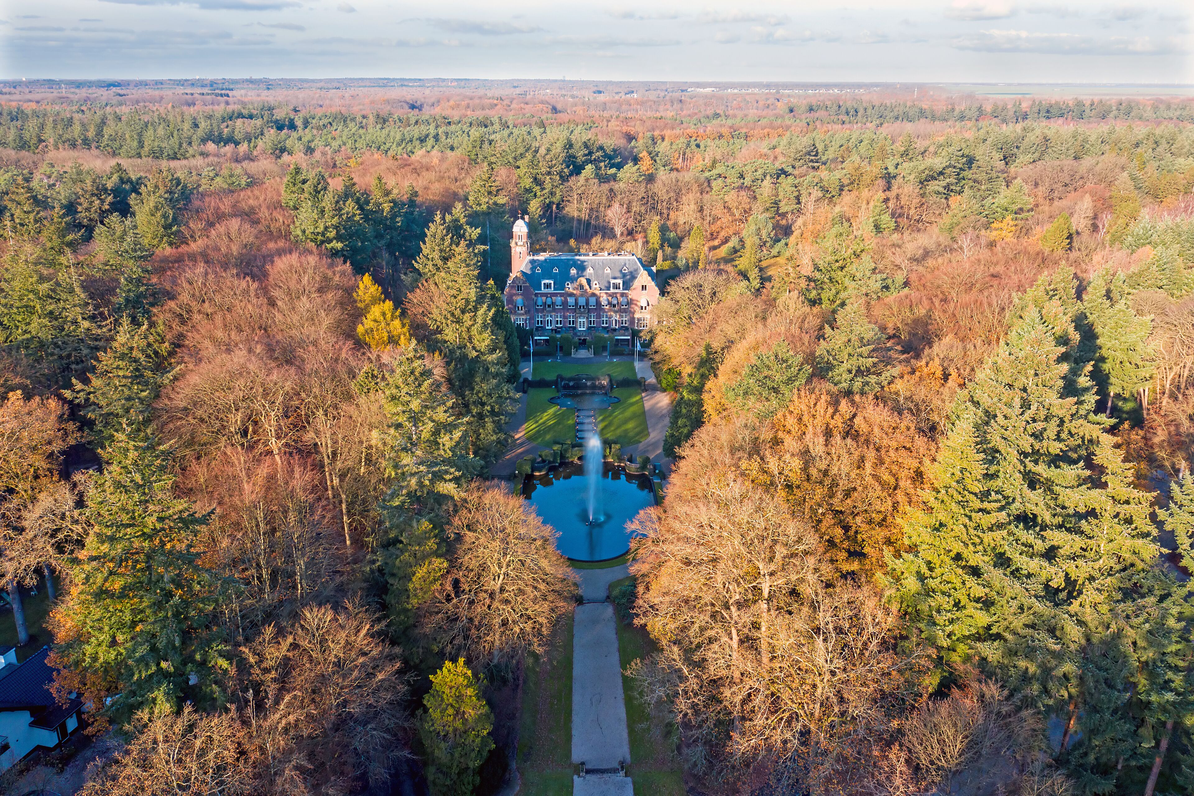 Aerial from castle Hooge Vuursche in the Netherlands in fall