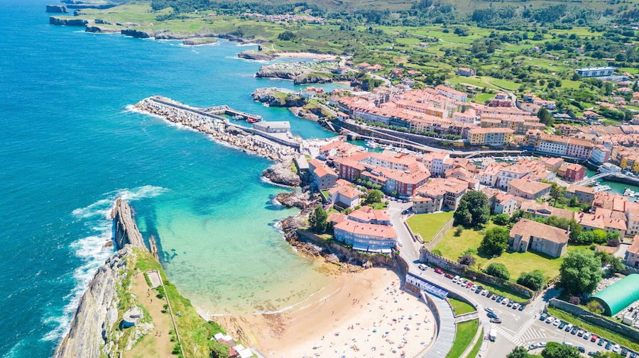 aerial view of llanes fishing town in asturias, spain