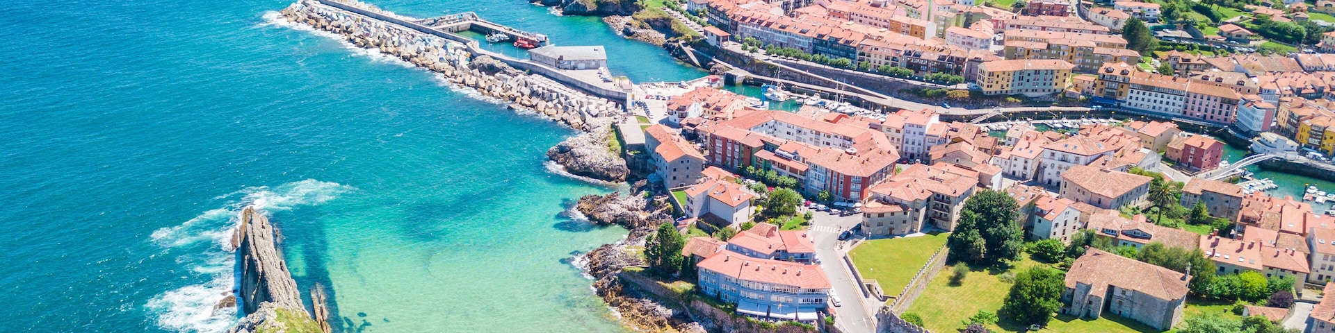 A coastal town with a beach, a fortified harbor, and surrounding greenery.