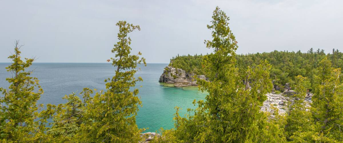 A coastal landscape with a rocky outcrop surrounded by dense forest and clear turquoise waters.