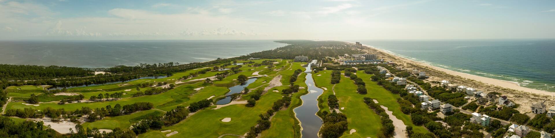 Aerial panorama Kiva Dunes Public Golf Course Gulf Shores Alabama
