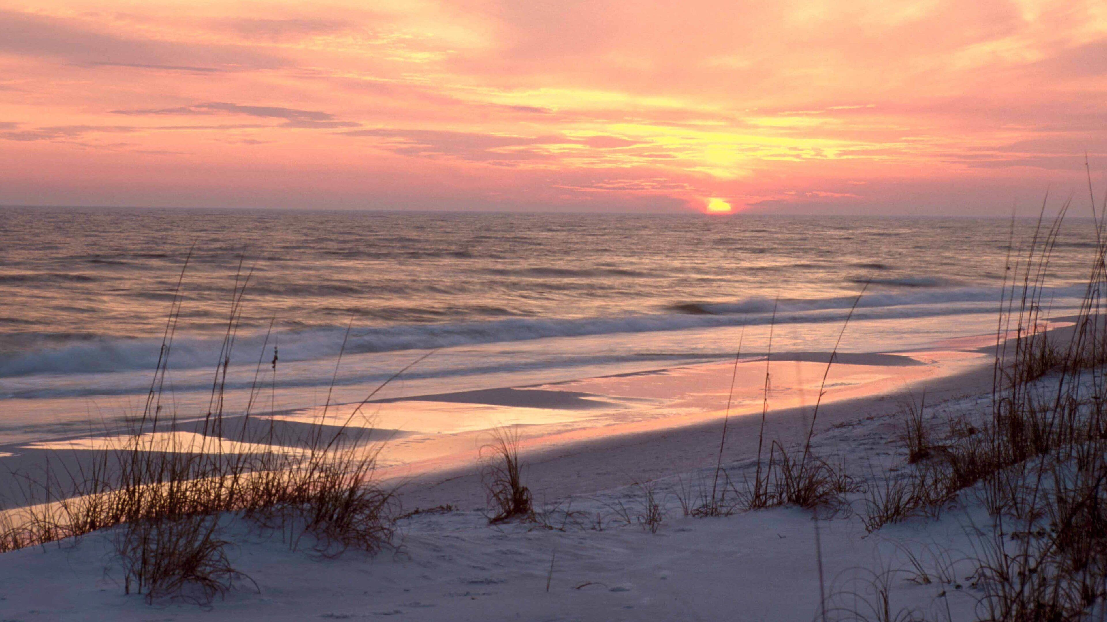 Gulf Shores showing a beach, a sunset and general coastal views