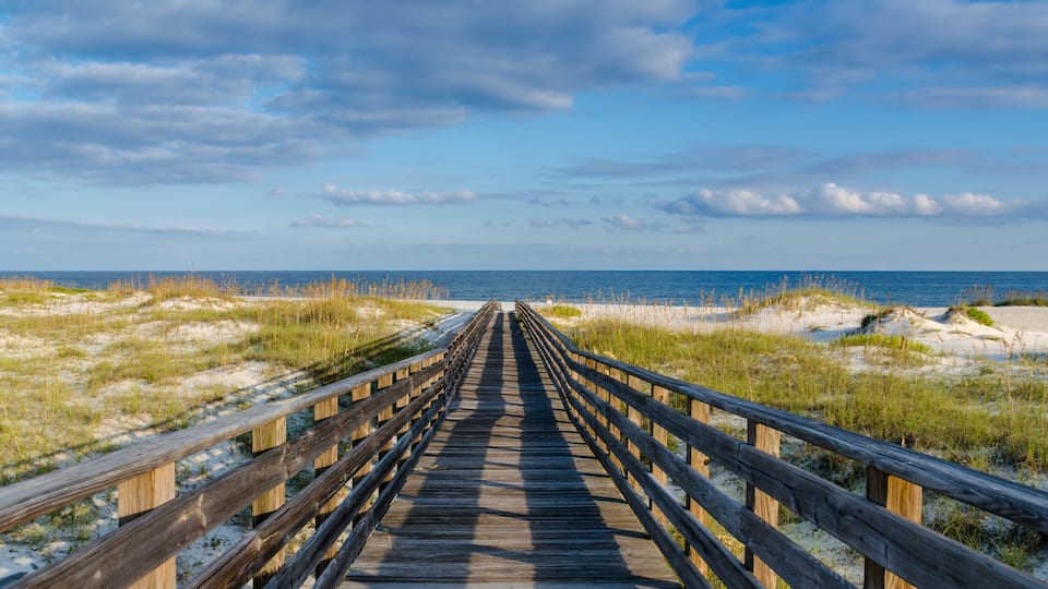 A wooden boardwalk leading to the ocean with dunes on either side.