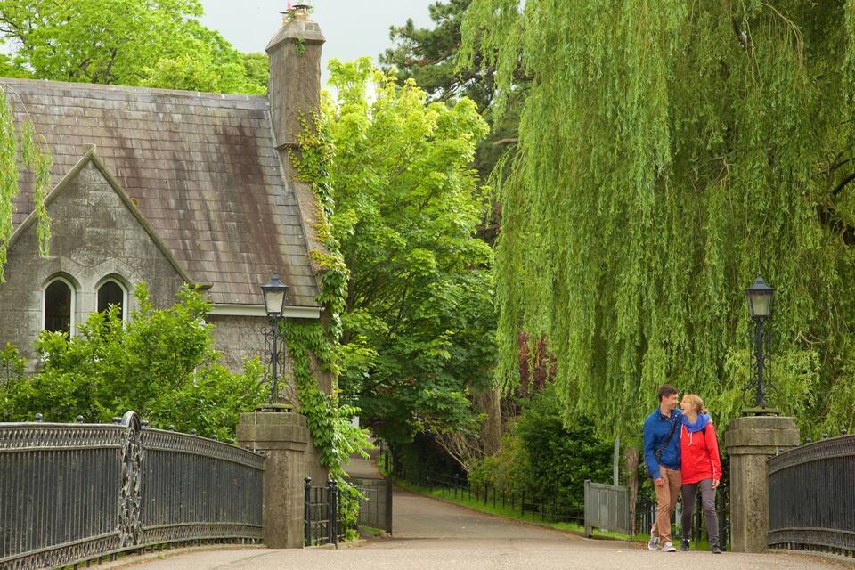 A stone bridge with ornate metal railings, a historic building with a pointed roof, and lush green trees.