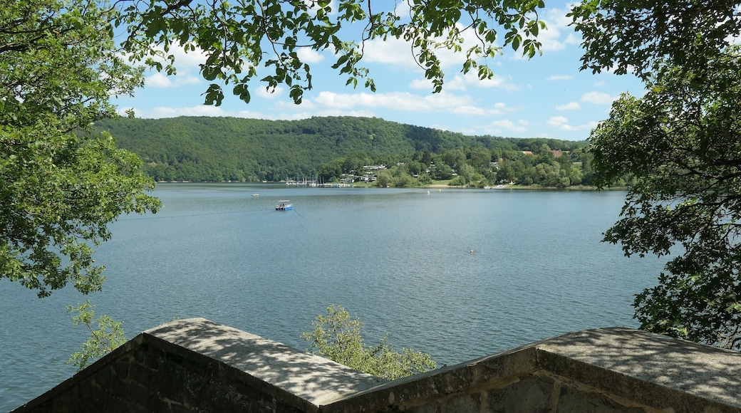 Edersee near Asel, Germany, view from old Asel to South Asel, ferry boat to South Asel, two yellow buoys are markers for the bridge under the water