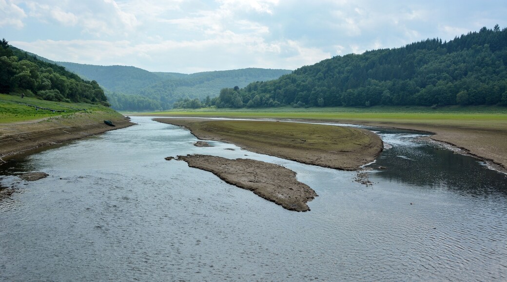 View from Bridge of Asel, inside Eder Lake, in Summer at low water level, onto the river Eder.