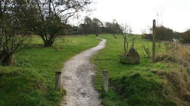 Tibshelf Common. This south south-easterly facing photograph is of the Pilsley-Tibshelf section of the Five Pits Trail as it crosses Tibshelf Common. At the viewpoint the Five Pits Trail is crossed by a lane. To the left (east north-easterly) is the northern loop of 635430, whilst to the right (south-westerly) the 635437 continues toward Westwood House. Tibshelf Common (the grassy area ahead) was once a cutting carrying the Great Central Railway. The cutting was filled in when the land was reclaimed during the late 1960's / early 1970's. To see a more north north-westerly (behind the viewpoint) photograph of the trail, click here 625583. To see another photograph of the common, taken by Alan Heardman from the other (southerly) end, click here 588385.