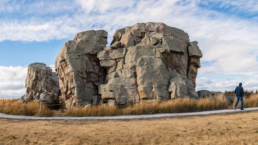 Big Rock Erratic Okotoks tourist destination giant boulder in the prairies landscape at sunset golden hour. Person walking on pathway at point of interest panorama