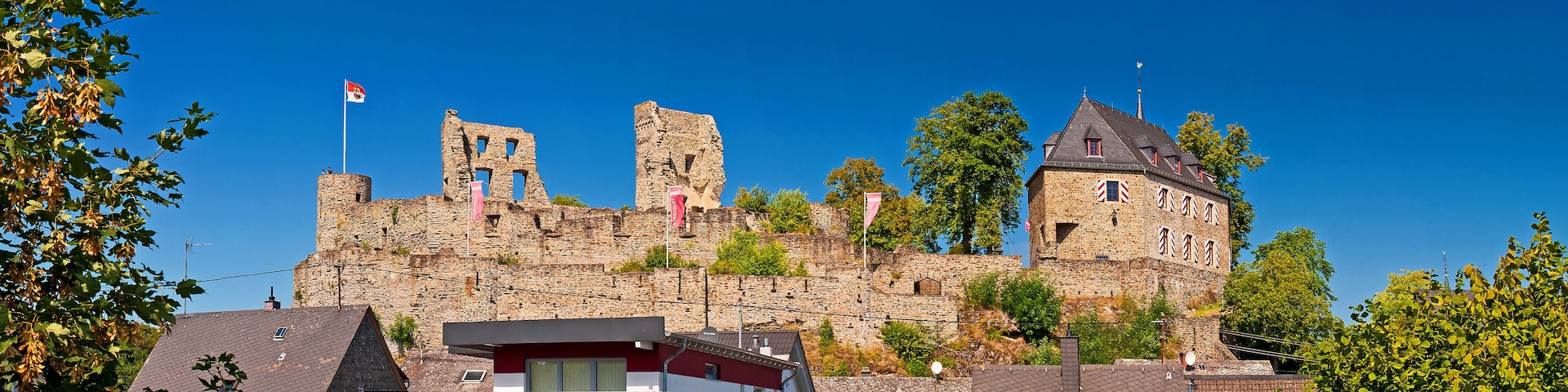 A historic castle with stone walls and towers, surrounded by trees and modern buildings.