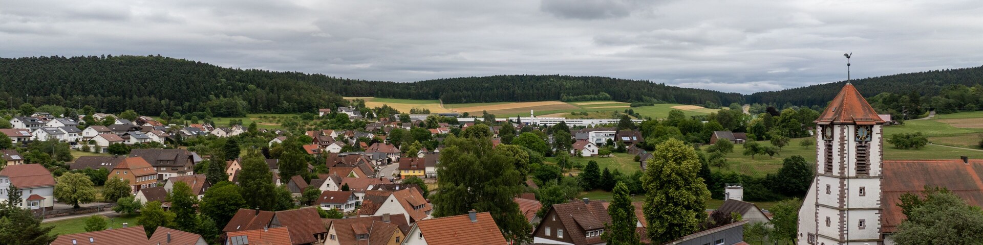 Scenic view of Waldachtal in Germany, showcasing the village, church, houses with red roofs, green fields, and forest under a cloudy sky