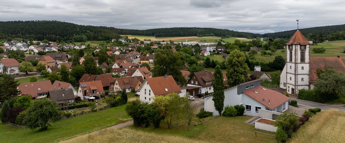 A rural village with traditional houses, a church with a clock tower, and surrounding fields.