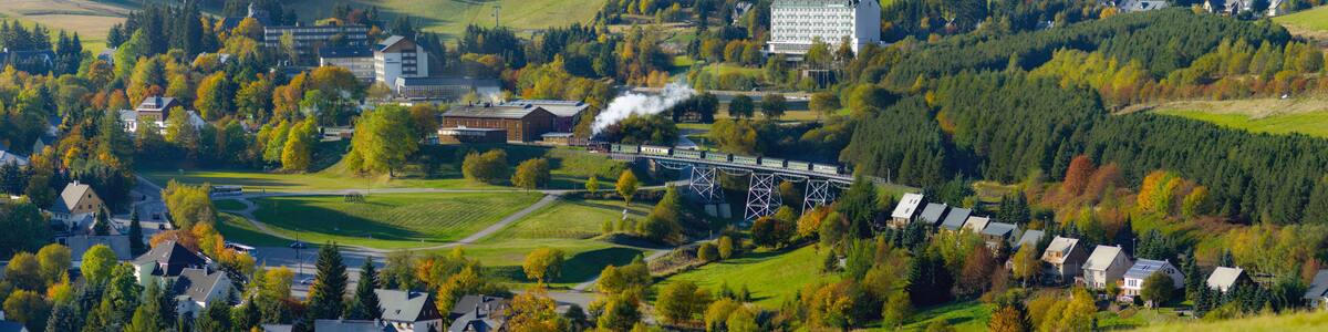 A scenic railway bridge, lush greenery, and residential buildings in a hilly landscape.