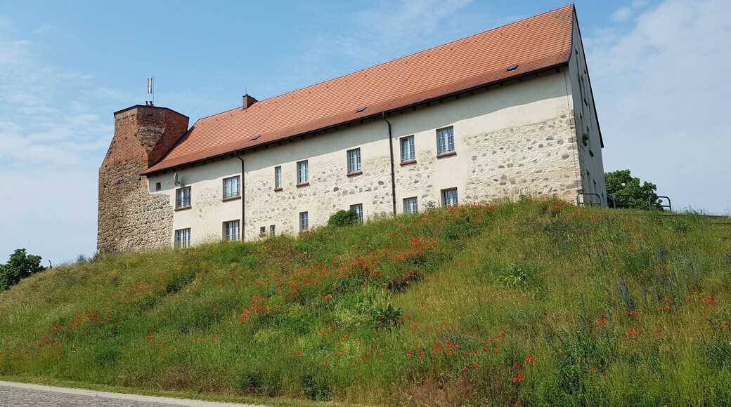 Ein historisches Gebäude mit rotem Ziegeldach und Steinmauern, gelegen auf einem grasbewachsen Hügel mit einem Pflasterweg, der hinaufführt.