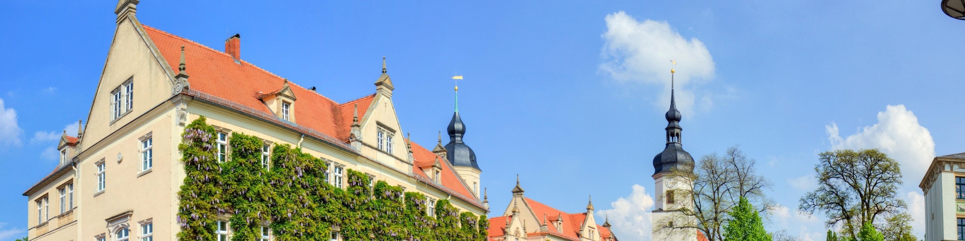 A historic building with red-tiled roofs and a tower with a spire.