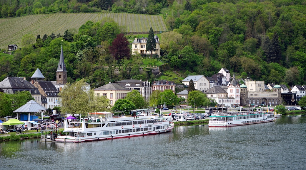 Ausflugsschiffe im Frühling bei Sonnenschein am Ufer der Mosel mit der Villa Sonora im Hintergrund in Traben-Trarbach im Kreis Bernkastel-Wittlich in Rheinland-Pfalz in Deutschland