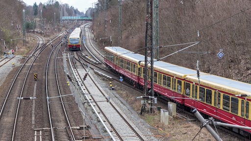 Zwei S-Bahnen (Baureihen 480 bzw. 481) begegnen sich südlich des Bahnhofs Birkenwerder.