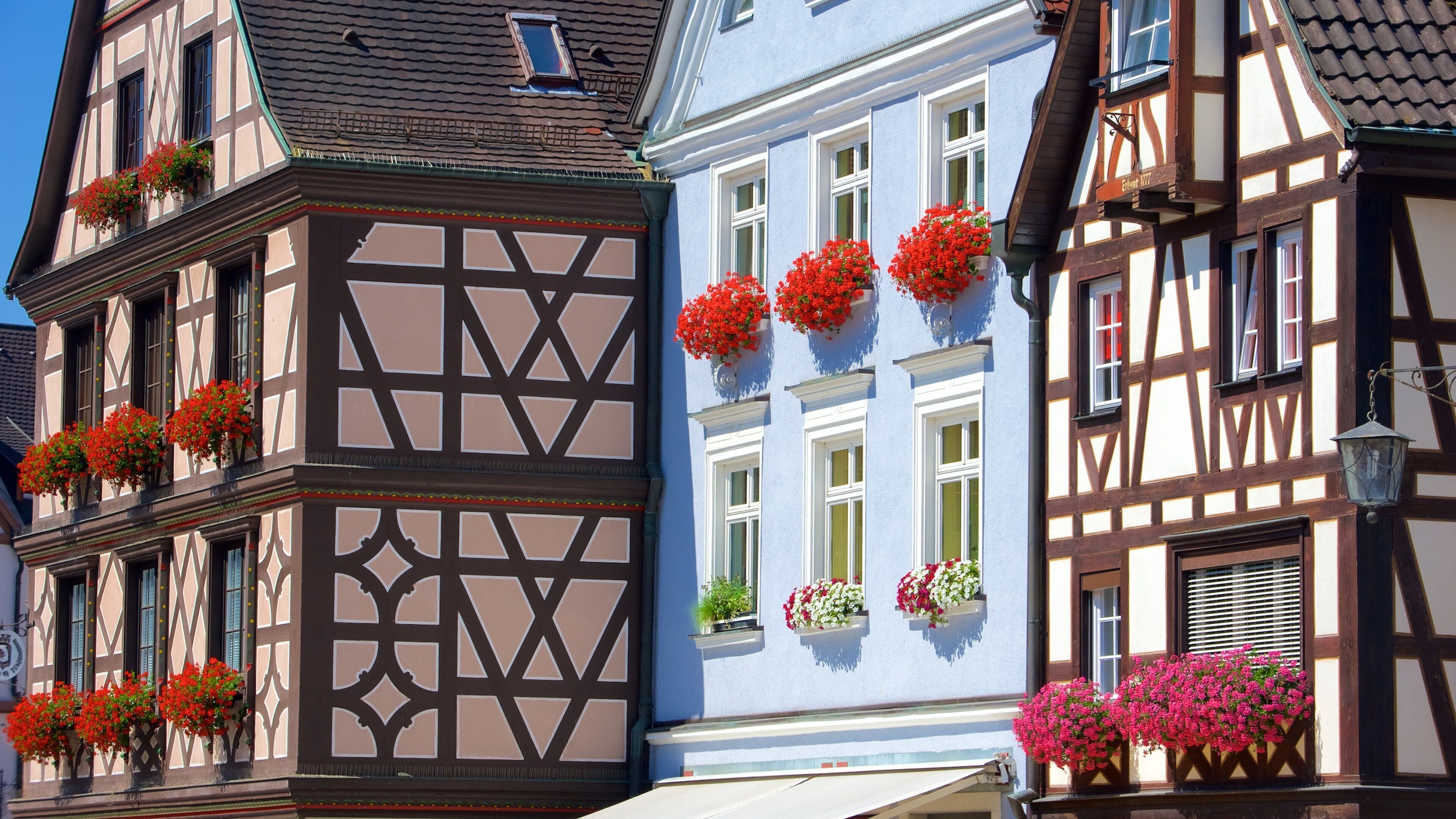 A traditional half-timbered building with colorful flower boxes on the windowsills.